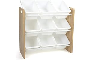 Humble Crew 9-Bin Toy Organizer – Journey Natural Wood with White Plastic Bins, 3-Tier Storage Solution for Kids' Playrooms and Nurseries