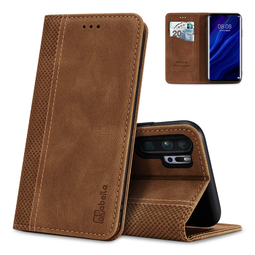 AKABEILA Case for Huawei P30 Pro Premium Leather Flip Wallet Case with Magnetic Closure Kickstand Card Slots Folio Phone Cover Protective Screen Protector Holster Shell Shockproof Light Brown