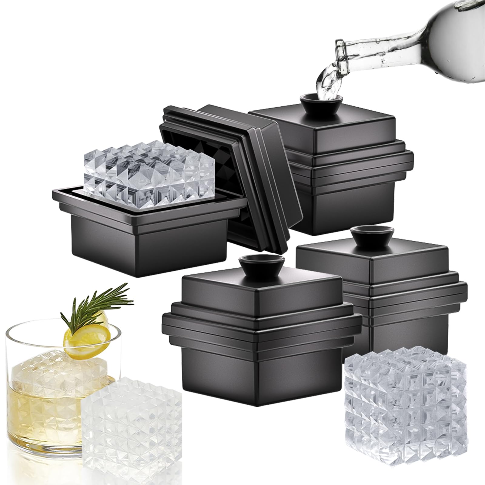 Silicone Ice Cube Trays with Funnel Lid, Large Ice Cube Mould, Ice Tray for Freezer Easy Release, 5.3cm Slow Melting Big Ice Cubes Perfect for Whiskey, Cocktail and Any DIY Drink (4)