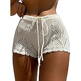 RoseSeek Women's Drawstring Waist Crochet Cover Up Shorts Tie Front Hollow Out Bottom