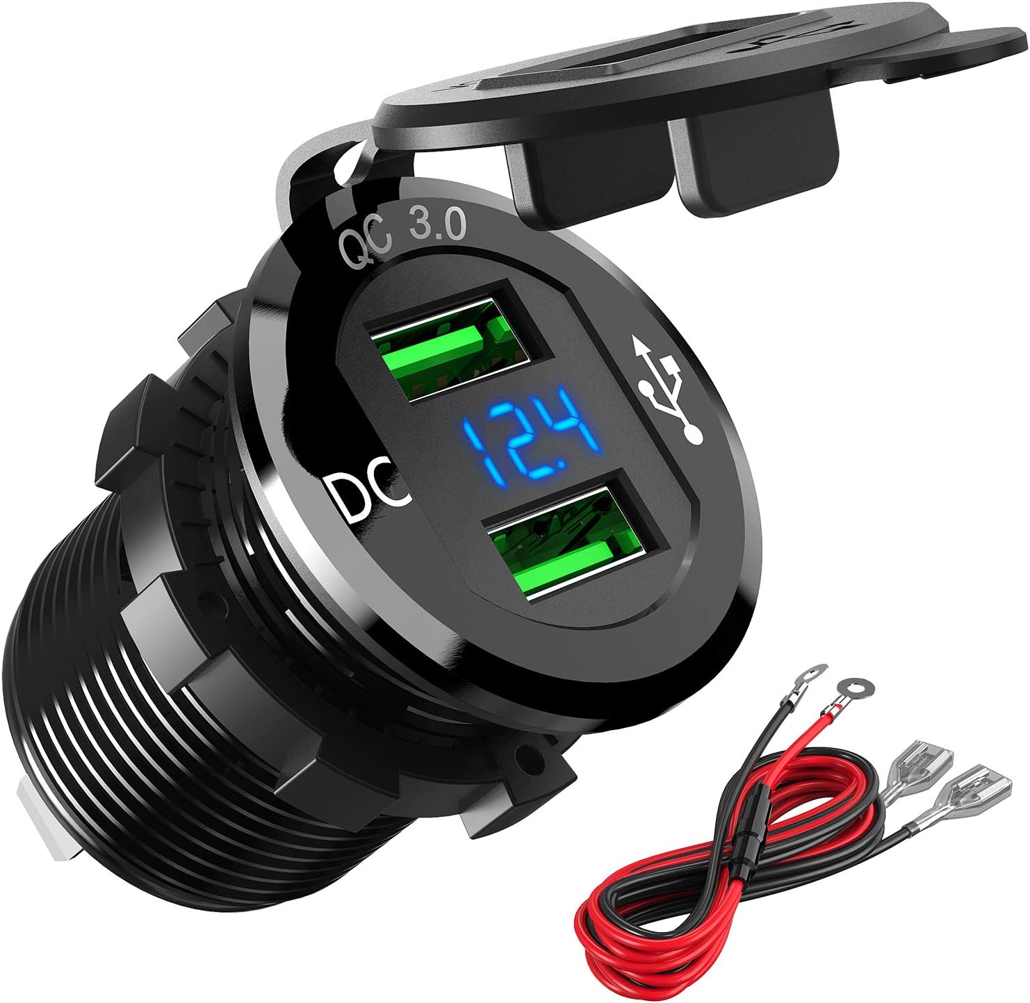 Quick Charge 3.0 Car Charger, Higoing 12V/24V 36W Aluminum Waterproof Dual QC3.0 USB Fast Charger Socket Power Outlet Adapter LED Digital Voltmeter& Wire Fuse kit (Black)