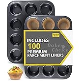 Bake Choice 2 Pack Muffin Pan for Baking, Standard Cupcake Pan includes 100 Natural Cupcake Liners, Muffin Tin Nonstick 12 Cup, Baking Pans Set, Carbon Steel Baking Supplies