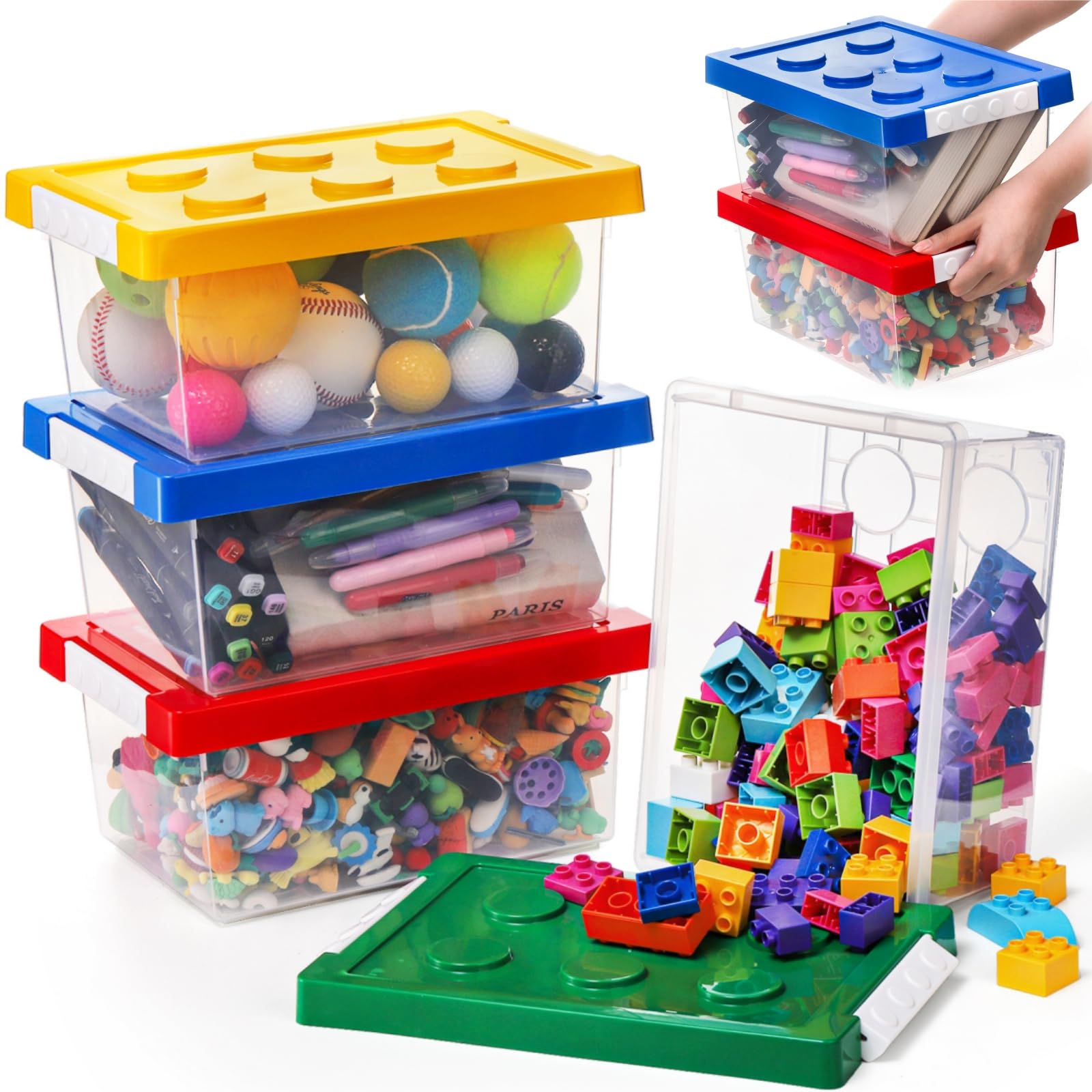 Photo 1 of Eorbow 4 Pack 6QT Toy Storage Containers with Lids, Brick Shaped Toy Organizer Box, Plastic Stackable Storage Bins, Clear Toy Chest for Organizing Building Brick, Toys, Lego, Small Dolls