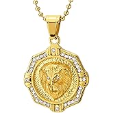 COOLSTEELANDBEYOND Mens Stainless Steel Gold Color Lion Head Pendant Necklace with Cubic Zirconia