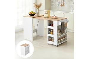 MELLCOM Extendable Kitchen Island,Mobile with Storage,2 Side Shelves,Suitable as Dining Table,for Dining Room/Open Kitchen/Ho