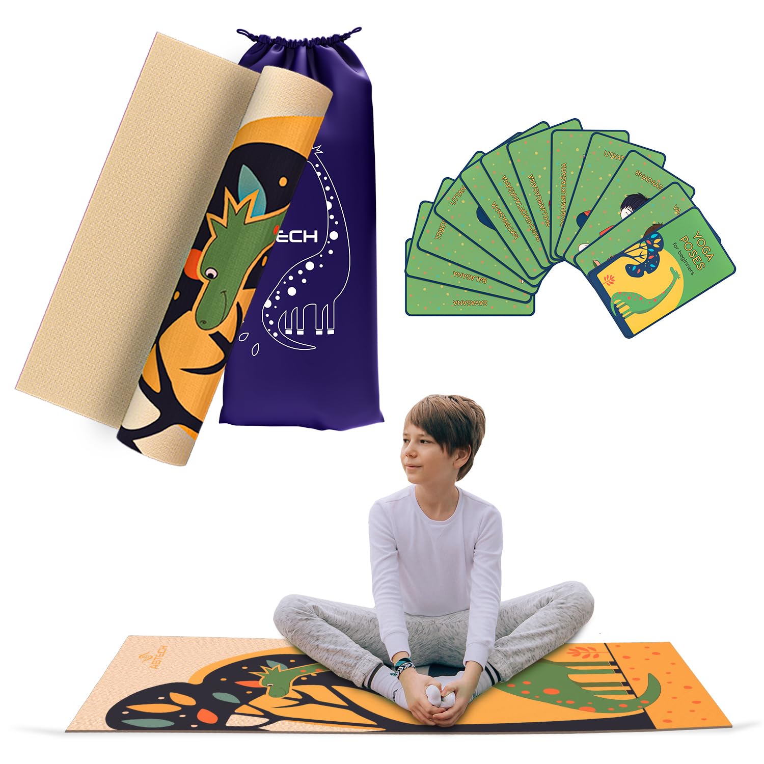 Abtech Kids Yoga Mat Set - Comfortable Dinosaur Kid Yoga Mat Girl with 12 Yoga Cards, Storage Bag, Green Play Mat Thick for Gymnastics Mat, Exercise Mat, No-Toxic and Non-Slip for Ages 3-12 Image