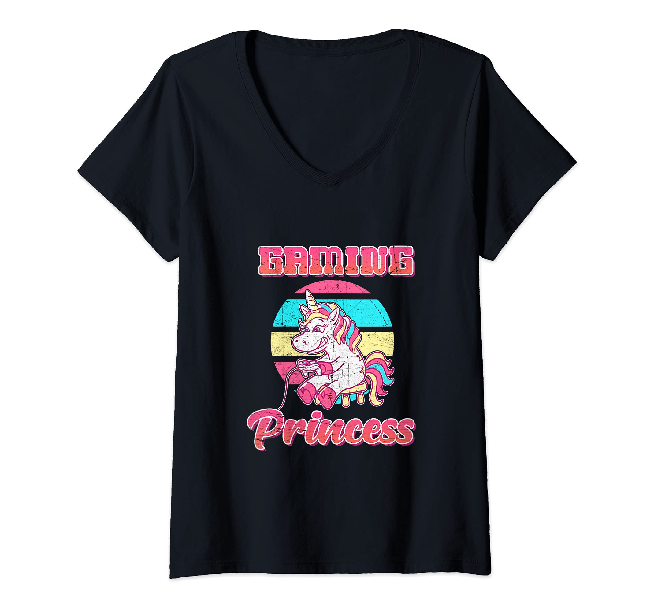 Womens Gaming Princess Unicorn Rainbow Arcade Game Playing Games V-Neck T-Shirt