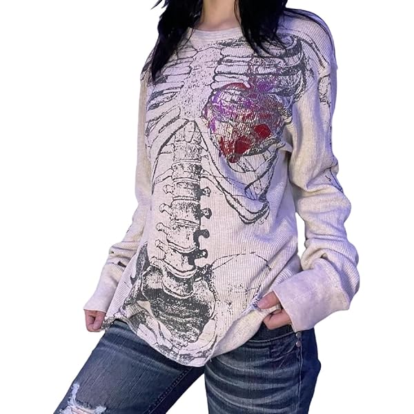 Women Vintage Fairy Grunge Y2K Long Sleeve Shirt Skull