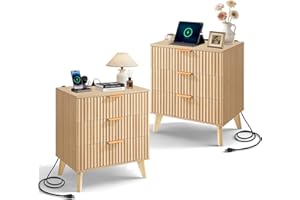 VEVOR Fluted Nightstands with Charging Station, Set of 2, Dresser for Bedroom with 3 Drawers, Mid Century Modern End Table, B