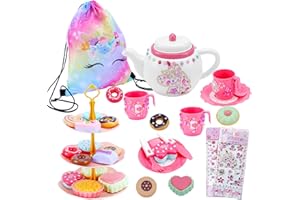 JAOBHAHY Tea Party Set for Little Girls,26PCS Kids Tea Set for Girls 4 5 6 7 8,Plastic Play Tea Set Includes Dessert,Teapot,Cups,DIY Sticker and Unicorn Storage Bag,Toddler Tea Set (Tea Set 1)