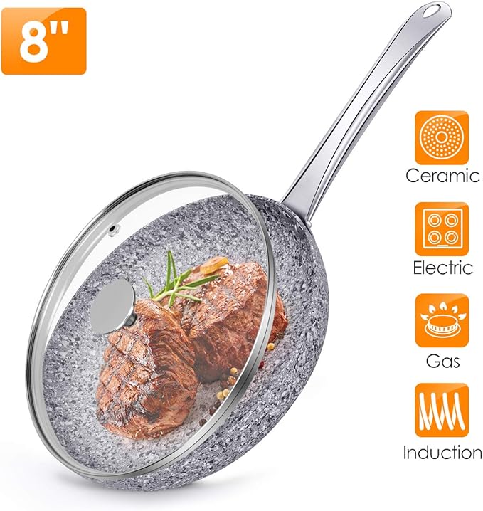 8" Nonstick Frying Pans with Lids Granite Skillet, Aluminum Frying