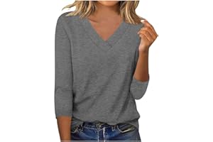 3/4 Length Sleeve Blouses for Women Loose Fit V-Neck Comfy Pullover Tops Solid Color Workout Tee Shirts