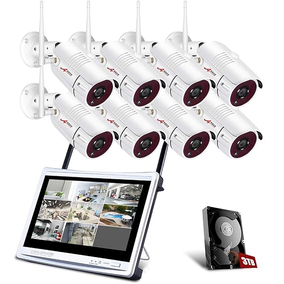 WLAN Überwachungskamera Set mit 12' LCD Monitor, ANRAN 8ch 1080P DVR-Videoüberwachungs Sets mit 8Stk 2MP Überwachungskamera 3