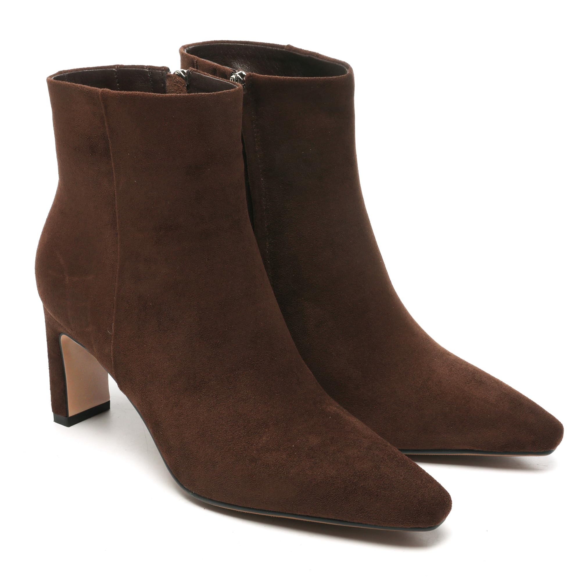 Photo 1 of Chocolate Brown Suede Ankle Boots for Women Pointed Toe Chunky High Heeled Booties Dressy Fall Short Boots with Side Zipper Size 10