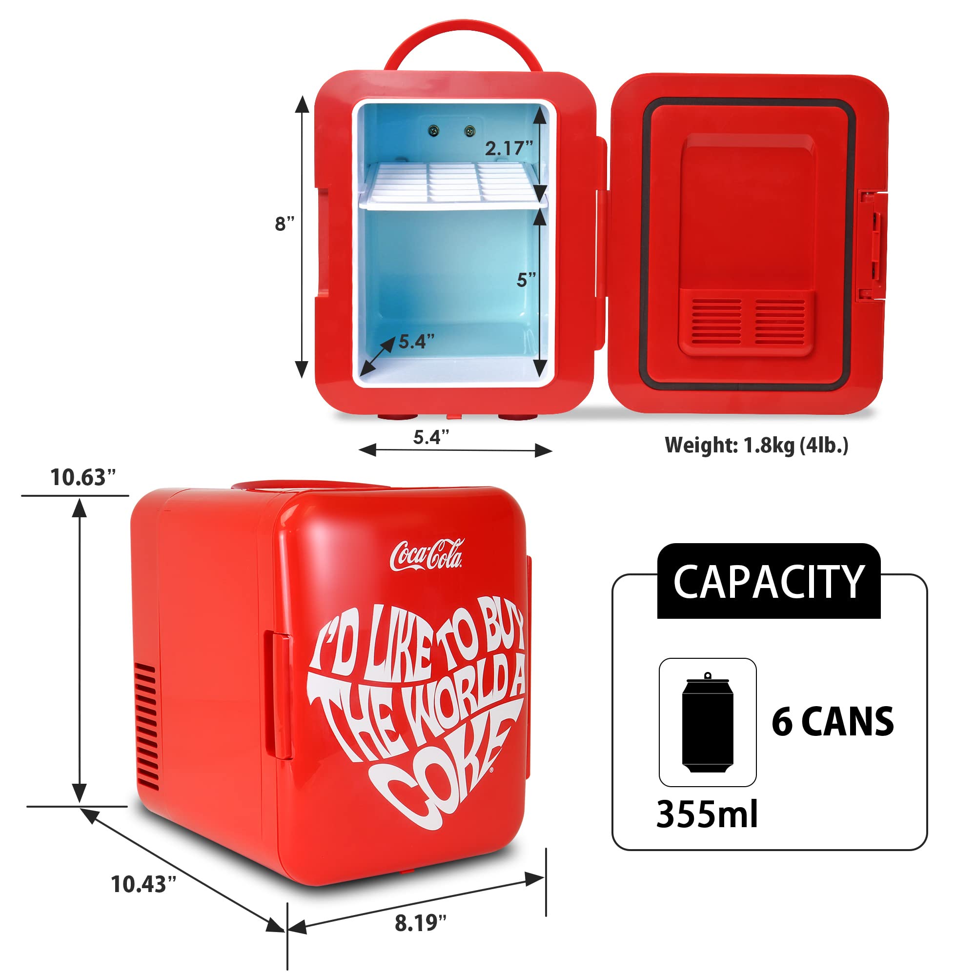 Coca Cola World 1971 Series Portable 6 Can Thermoelectric Mini Fridge Cooler/Warmer, 4 L/4.2 Quarts Capacity, 12V DC/240V AC for Home, Dorm, car, Boat, Beverages, Snacks, Skincare, Cosmetics