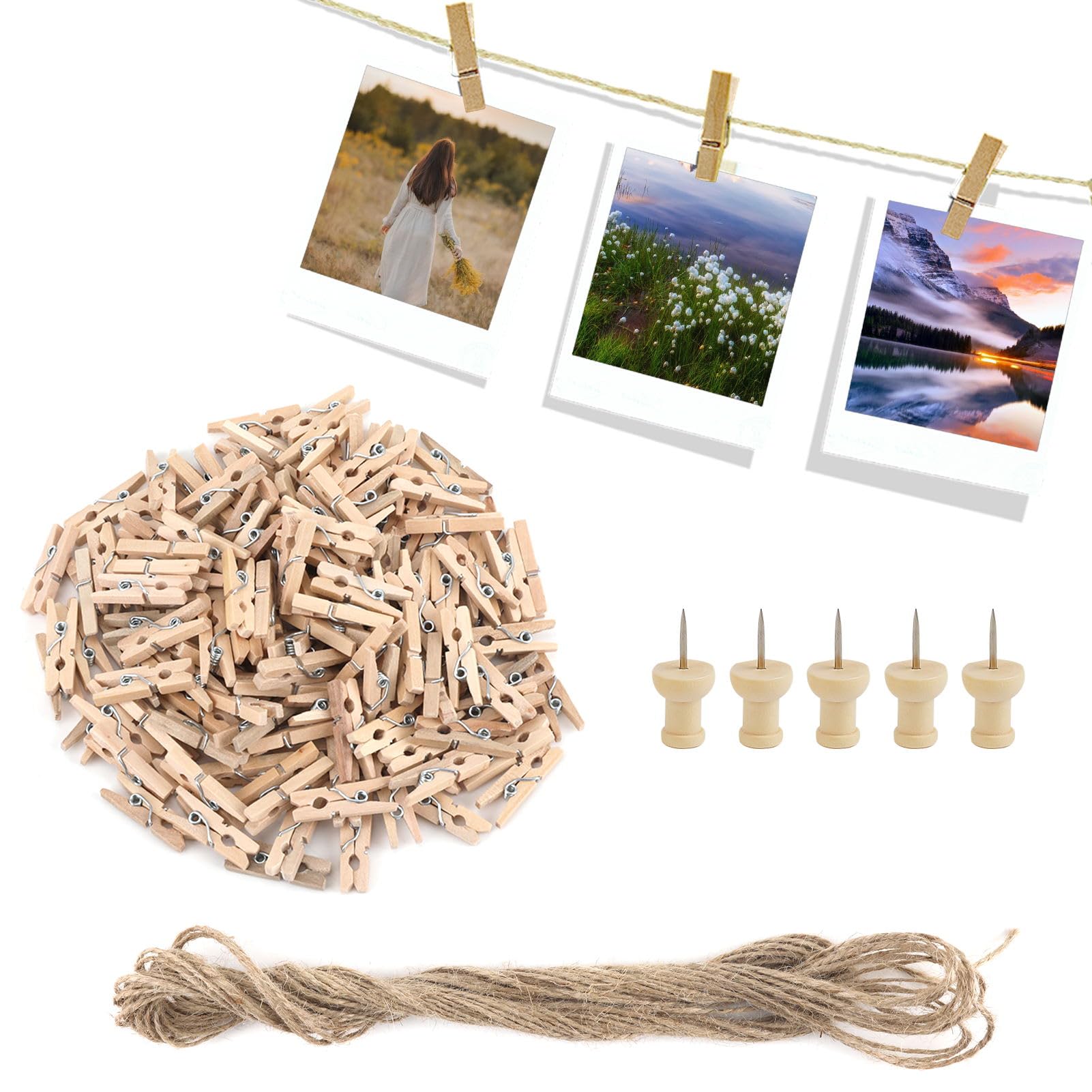 Pennle Mini Wooden Pegs, 150 Pcs Mini Pegs for Photos, Natural Small Wooden Pegs for Hanging Photos, Tiny Wooden Pegs with 10M String Jute for Decorative Photo Wall, Craft and Arts, Events, Weddings & Party