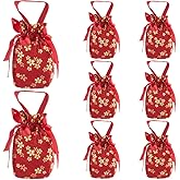 GORGECRAFT 8Pcs Red Flower Drawstring Candy Pouch Floral Small Gift Bag with Handles 5.4x6.7 Inch Tea Party Favor Thank You Bags for Wedding Birthday Bridal Shower Engagement Party Supplies