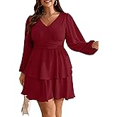 RWJ Plus Size Dresses for Curvy Women V Neck Long Sleeve Elastic Waist Fall Wedding Guest Layer Casual Mini Dress