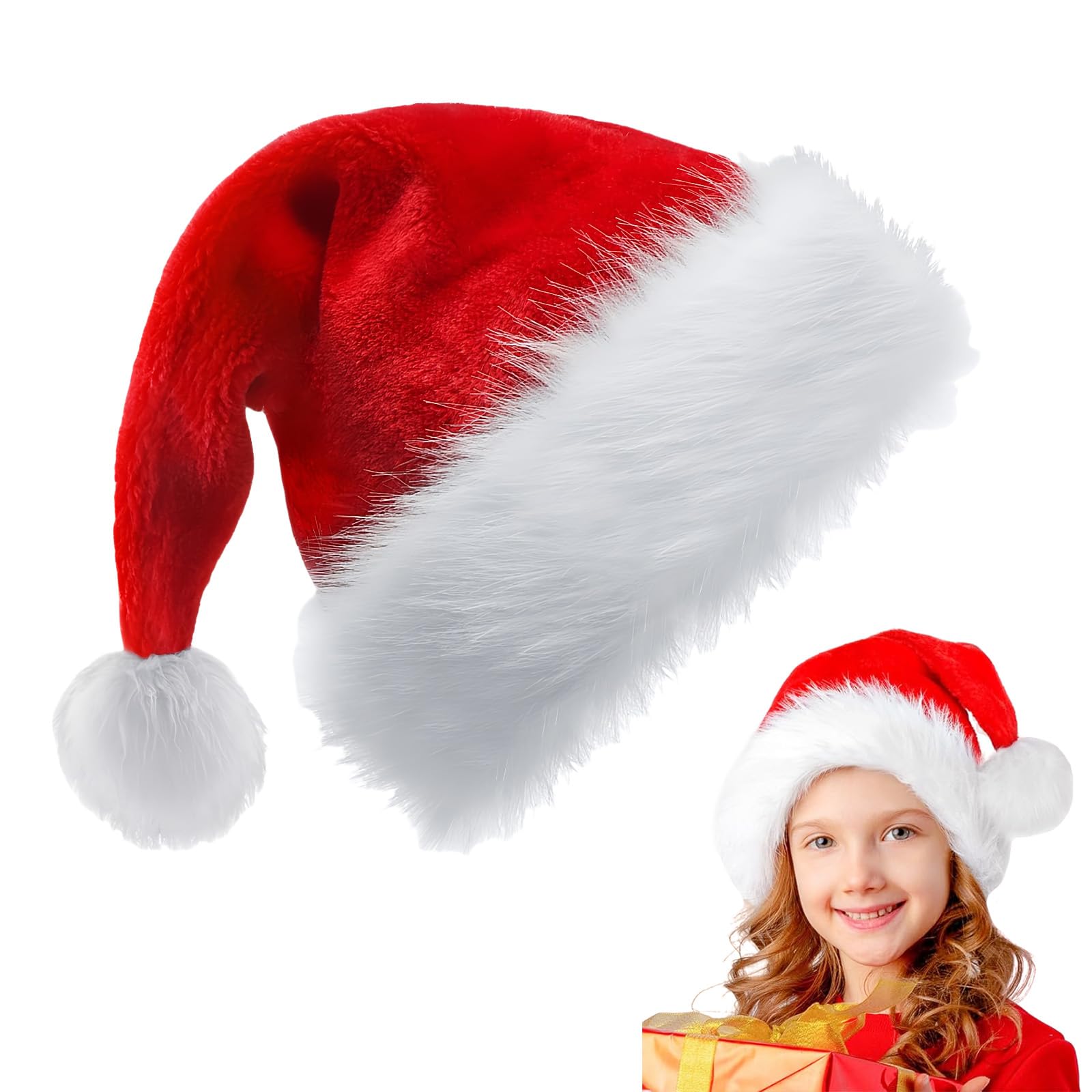 Red Santa Hat Christmas Hat 28*38cm for Kids,Thickened Classic Xmas Hat Plush Santa Claus Hats,Unisex Velvet Father ChristmasHat Costume,Christmas Party Hats Cap for Xmas New Year Festive Party Gifts