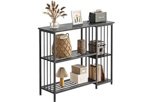 Kalrin Black Console Table, 39.4'' Narrow Sofa Table, 3-Tier Industrial Style Entryway Table with Anti-Fall Side Shelf & Open Storage Shelves, Metal Frame Wood Entrance Table for Hallway, Living Room
