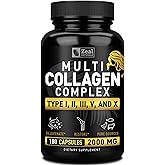 Multi Collagen Peptides Pills (Types Ⅰ,Ⅱ,Ⅲ,Ⅴ,Ⅹ) Grass Fed Collagen Pills (180 Capsules) - Hydrolysate Collagen Protein Blend for Hair, Skin, Nails, and Joint Support - Collagen Pills for Women