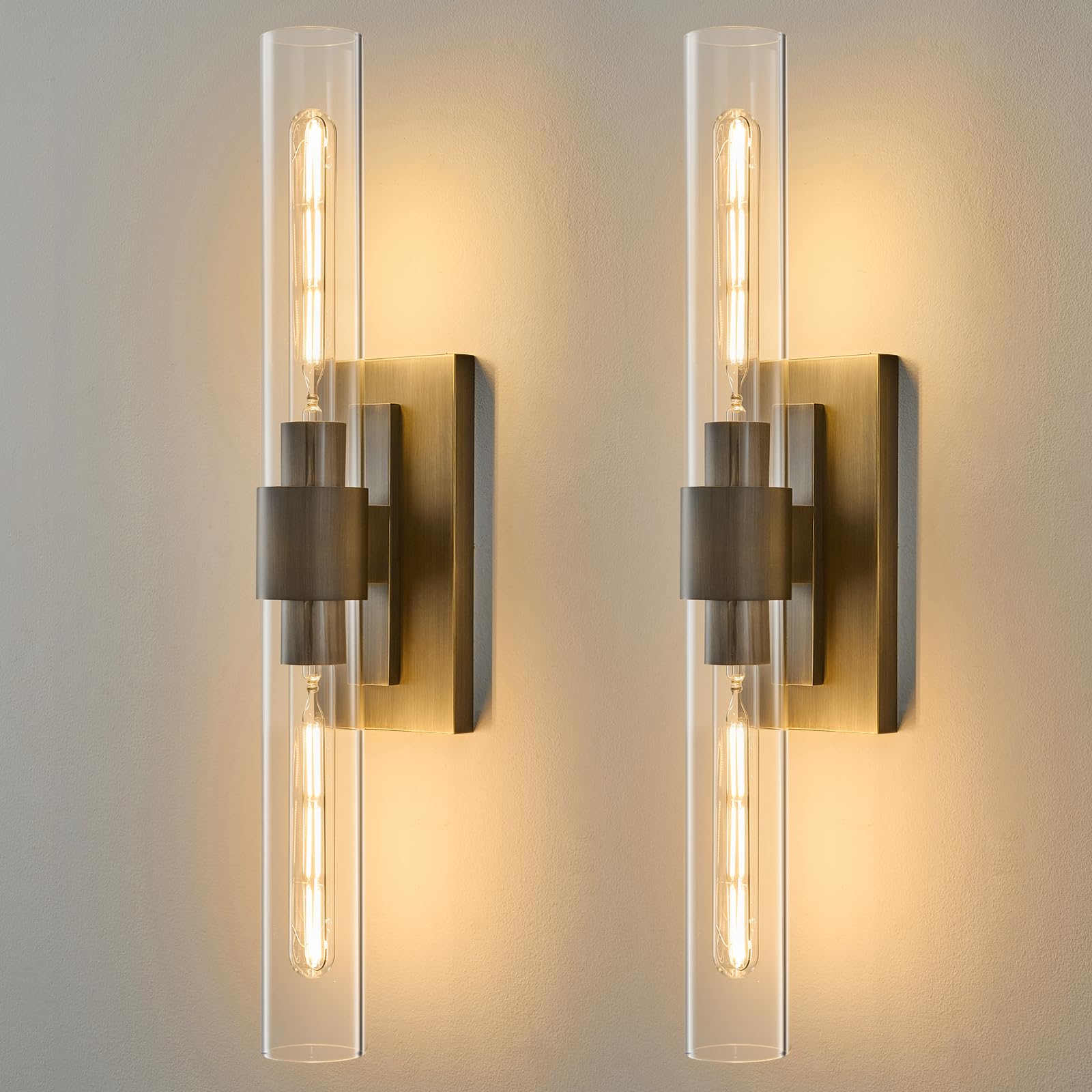 Photo 1 of Linear Brass Bathroom Wall Sconce - Luxury Antique Brushed Gold Sconces Set of 2 - Dimmable Vanity Lights Fixture with Clear Glass Tube - Modern Lighting for Bedroom Living Room Hallway Indoor Decor