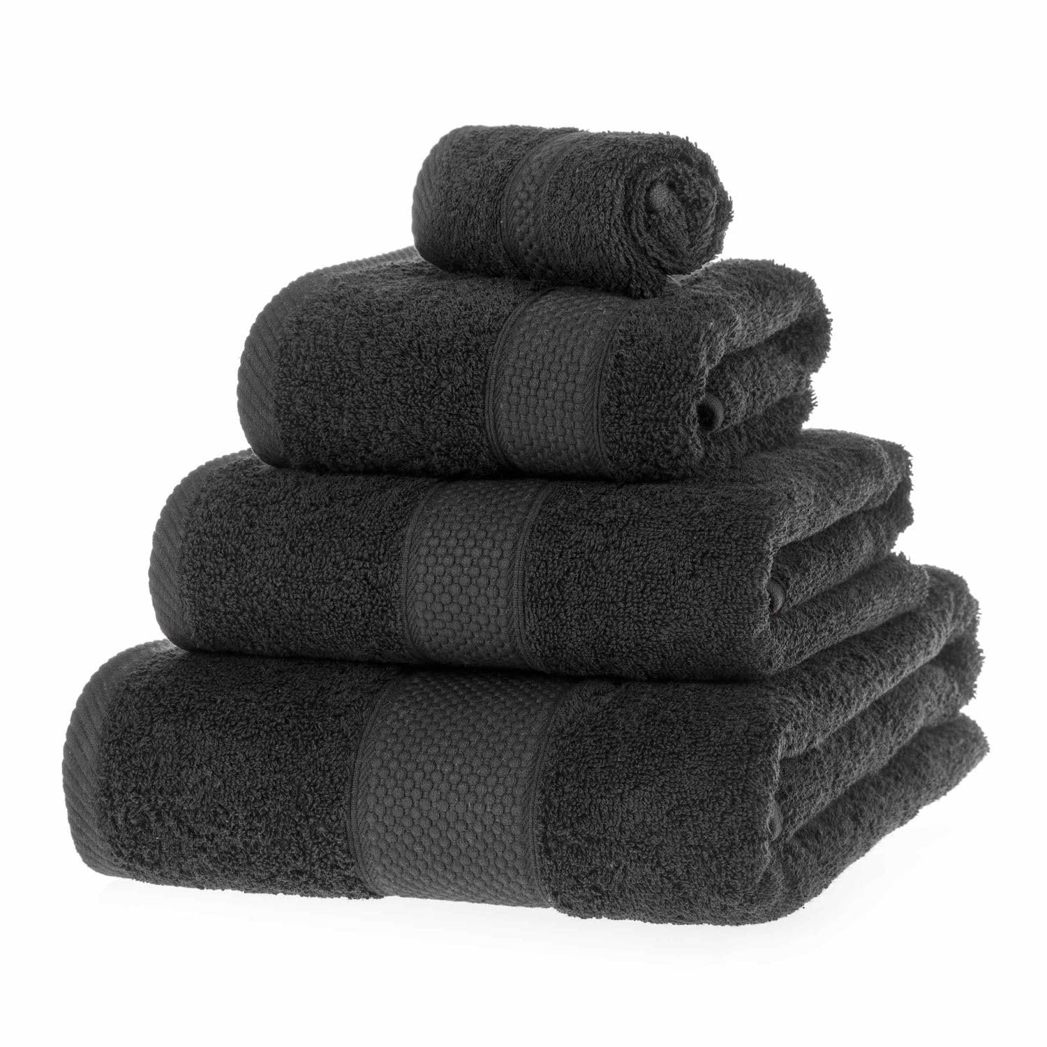 HOMESCAPES Black Turkish Cotton 4 Piece Towel Set Soft & Absorbent 500 GSM Heavyweight Face Cloth, Hand Towel, Bath Towel & Bath Sheet Towel Bale