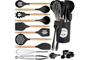 23 PCS Kitchen Utensils Set, Kikcoin Wood Handle Silicone Cooking Utensils Set with Holder, Spatulas Silicone Heat Resistant Cooking Gadgets for Nonstick Cookware, Black
