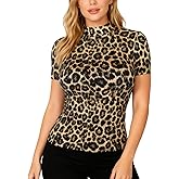 YumiDay Women Mock Neck Tops Short Sleeve Cheetah Leopard Print Slim Fit Stretchy T-Shirt Undershirt Basic