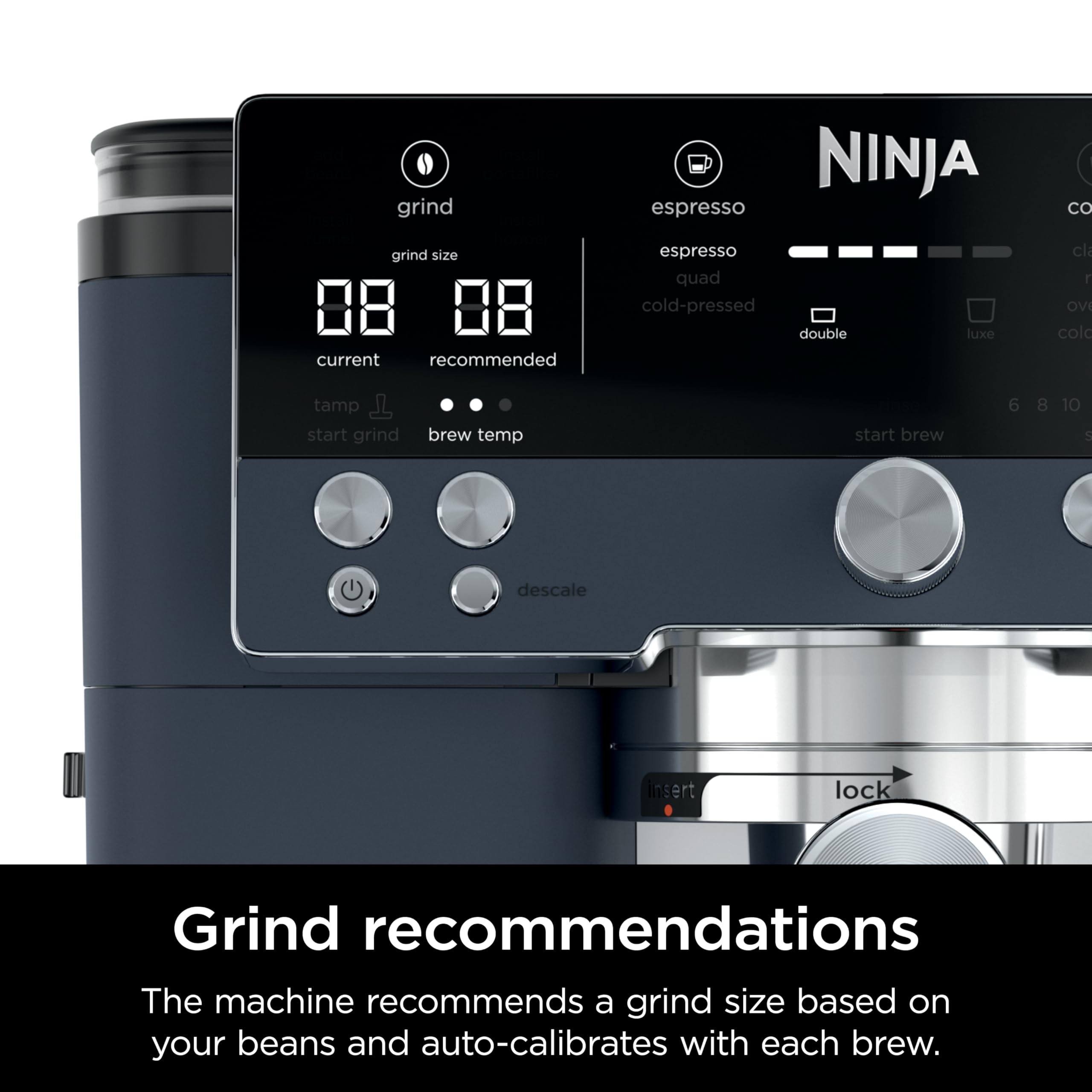 Ninja Luxe Café Premier Series, Máquina de café expreso, Cafetera de goteo y preparación en frío rápida, Molinillo integrado, Tamper asistido, Espumador manos libres, para capuchinos y lattes, Cyberspace, ES601CY