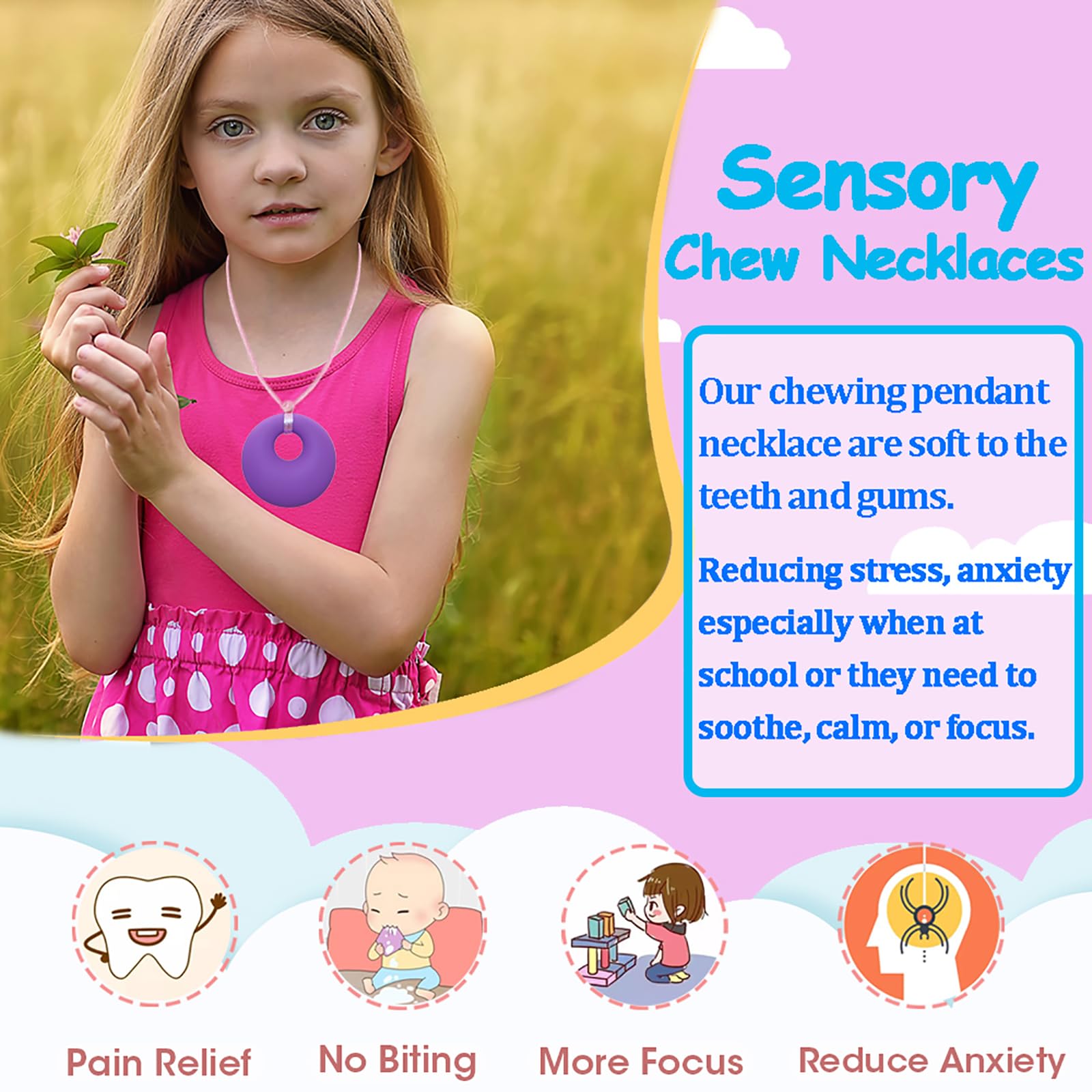 Chewy Necklaces for Sensory Kids, Boys and Girls, Silicone Dinosaur Chewy Necklaces for Autism, ADHD, SPD, Chewable Oral Motor Pendant for Chlidren