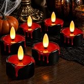 6 Pcs Halloween Flameless LED Candles with 6H Timer & Red Blood Drip | Real Wax Tea Light Candles with Red Bleeding-look Drips, Warm Flicker for Halloween Tabletop Decor and Gothic Mantel Displays