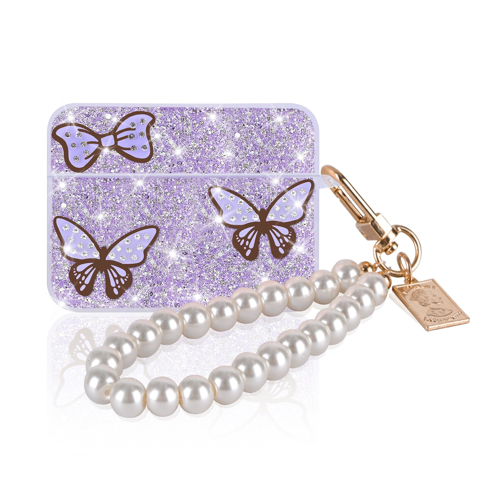 DiyGody for AirPods Pro 2 (2022) Case Bling with Pearl Keychain, Butterfly Bow Tie Glitter Design for Girls Women Shockproof Full Protective Cover Case for AirPod Pro 2nd Generation(Purple)