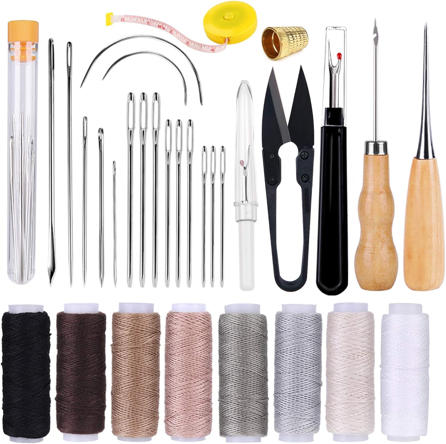 32 Pcs Leather Sewing Kit, Upholstery Repair Kit with 8 Colors Sewing Thread, Leather Sewing Needles, Awl, Scissors