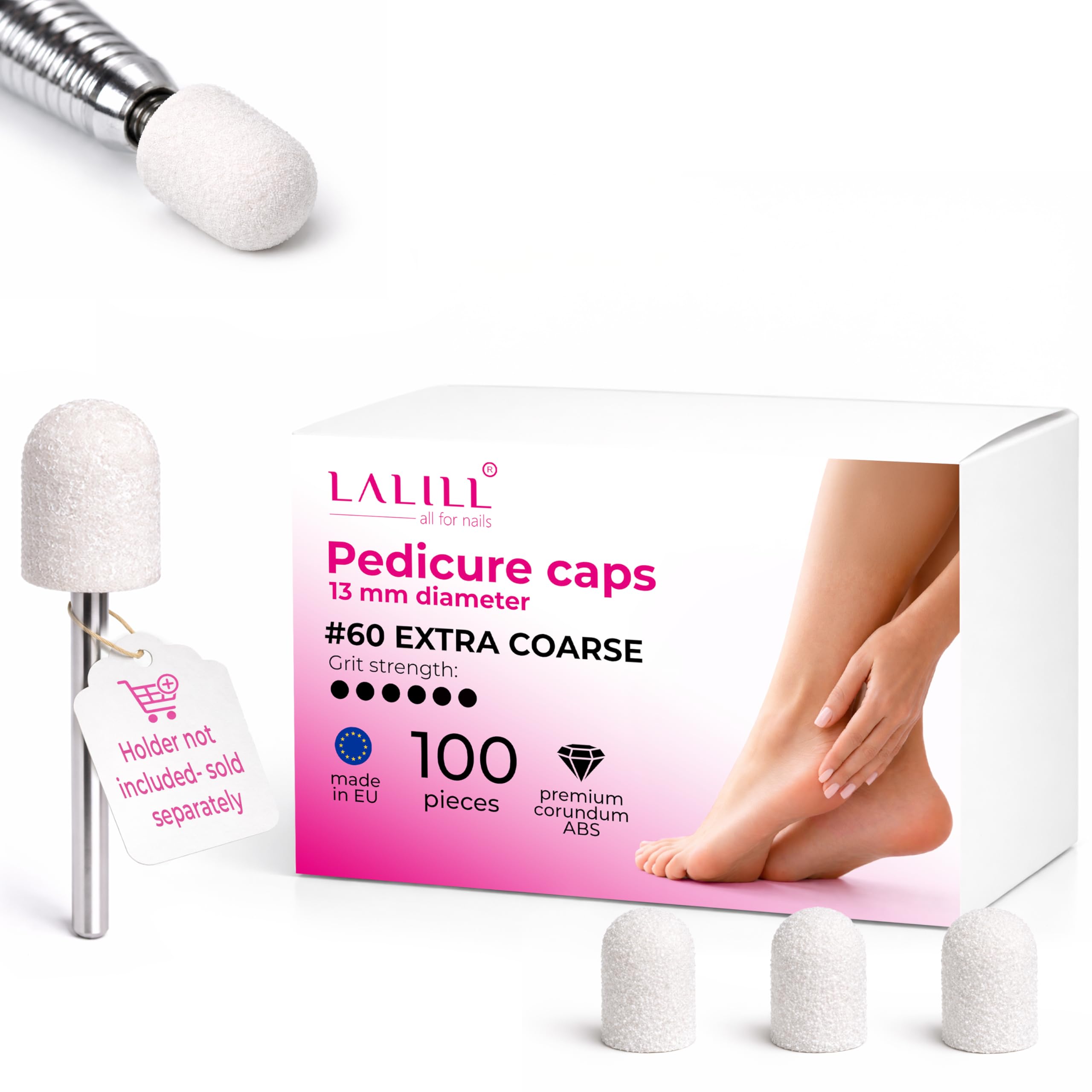 LALILL Sanding Caps LUX Pack of 100 - White Cutter Caps for Nail Cutters - Manicure, Pedicure & Podiatry - Attachments for Foot Care, Callus Removal, Nail Modeling, 13 mm 60 Grit