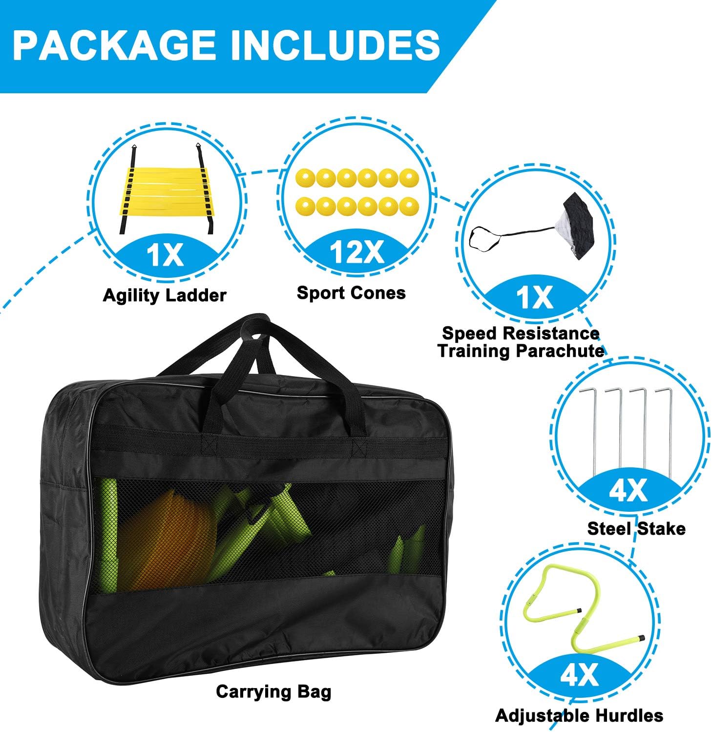 Yaegoo Speed Agility Training Set, Include 1 Resistance Parachute, 1 Agility Ladder with 4 Steel Stakes, 4 Adjustable Hurdles, 12 Disc Cones and a Storage Bag : Sports & Outdoors