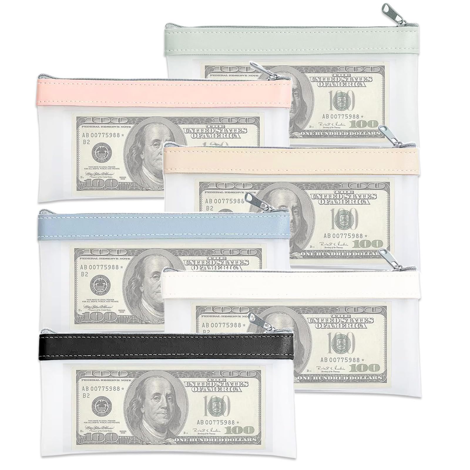 VZU 6PCS Money Bags with Zipper, 21x10.5cm Clear Money Pouch Money Wallet, 6 Colors Money Wallet for Cash, Envelopes for Cash Saving, Cash Bags for Cash Check Receipt Organizer