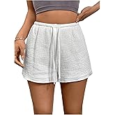 RoseSeek Women's Elastic High Waisted Track Shorts Casual Wide Leg Textured Drawstring Mini Shorts