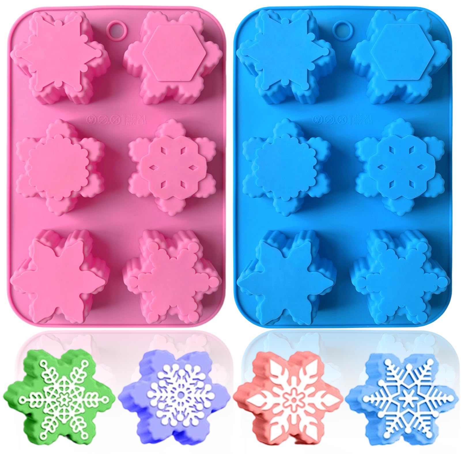 Photo 1 of 2 Pcs Snowflake Silicone Candle Soap Molds for Christmas Baking Chocolate Candy Cake Pan Cookie Jelly Muffin Ice Cube Trays Baking Moulds DIY Bath Bomb Molds Decoration (Blue Pink)
