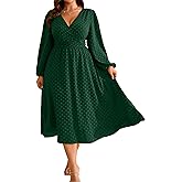 RWJ Women's Plus Size Fall Wedding Guest Dress Wrap V Neck Swiss Dot Lantern Long Sleeve Swing Boho Casual Dresses