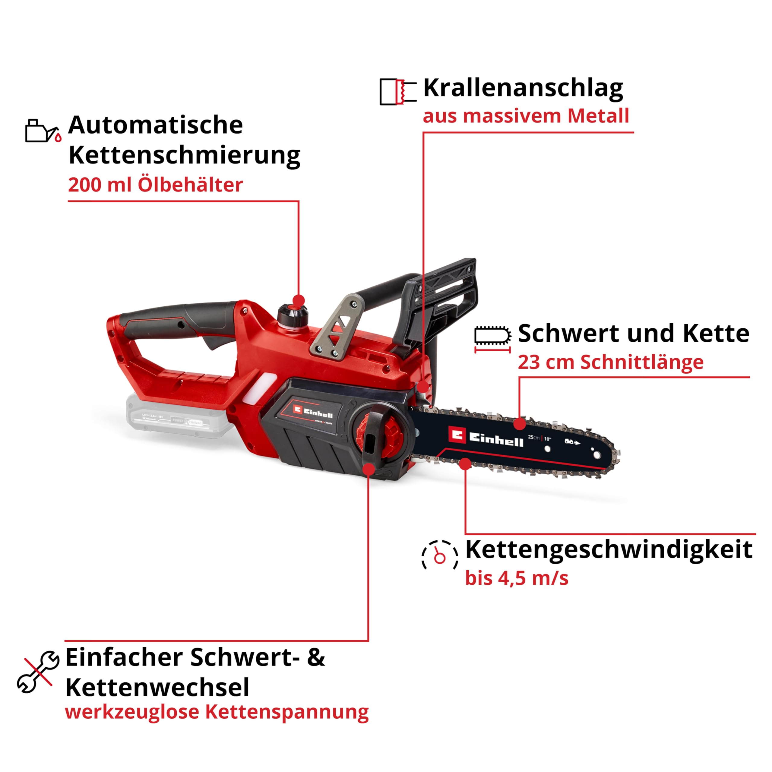 Einhell Akku-Kettensäge GE-LC 18 Li-Solo Power X-Change (Li-Ion, 18V, 25 cm Schwertlänge, Rückschlagschutz, Kettenfangbolzen, inkl. 4 Ah Akku und Ladegerät) 3