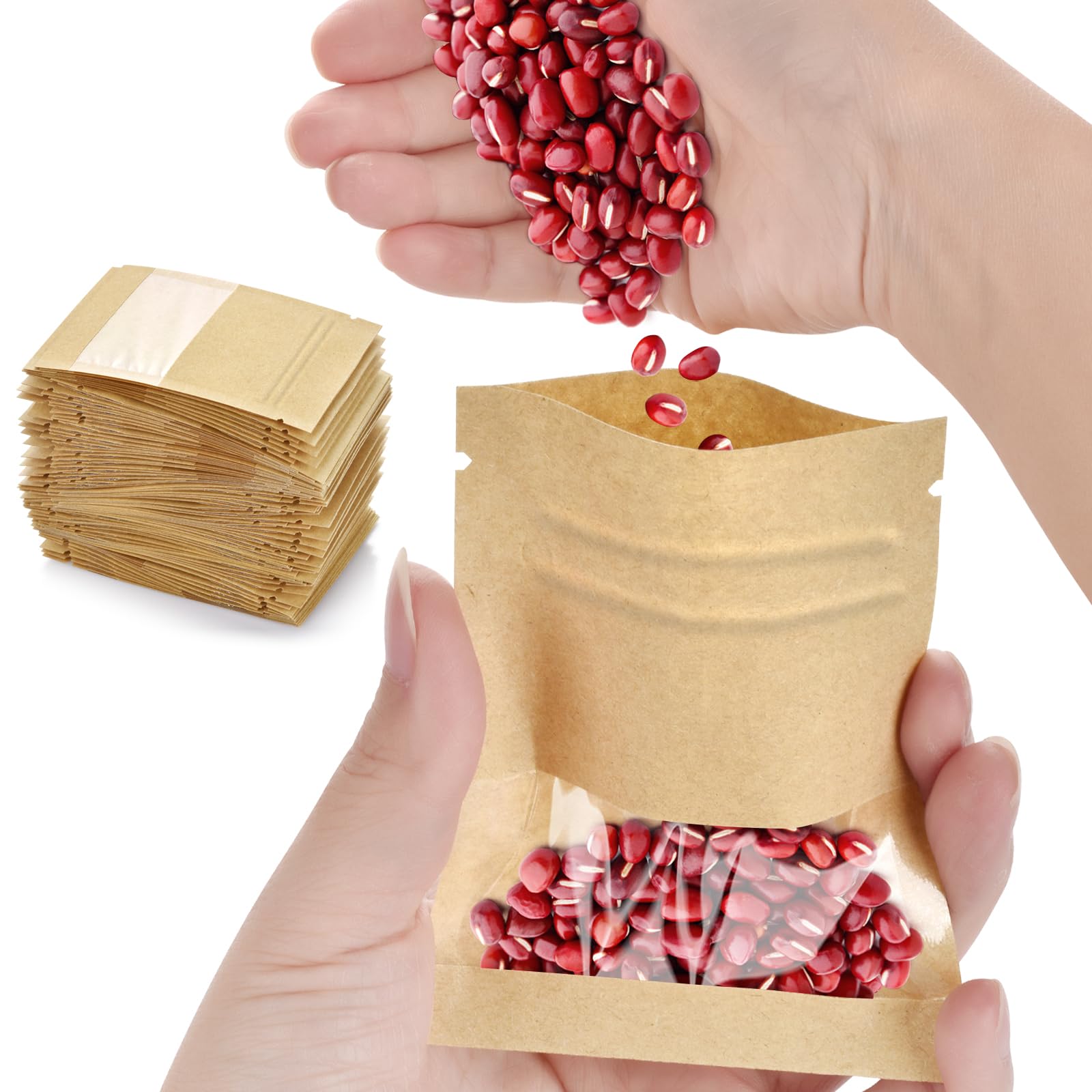 Photo 1 of 100 Pcs Small Resealable Seed Envelopes, Mini Zip Lock Kraft Bags with Window, 2.7"x3.5" Coffee Sample Bags Resealable Ziplock Bags, Small Business for Samples Bags, Food Storage Bags