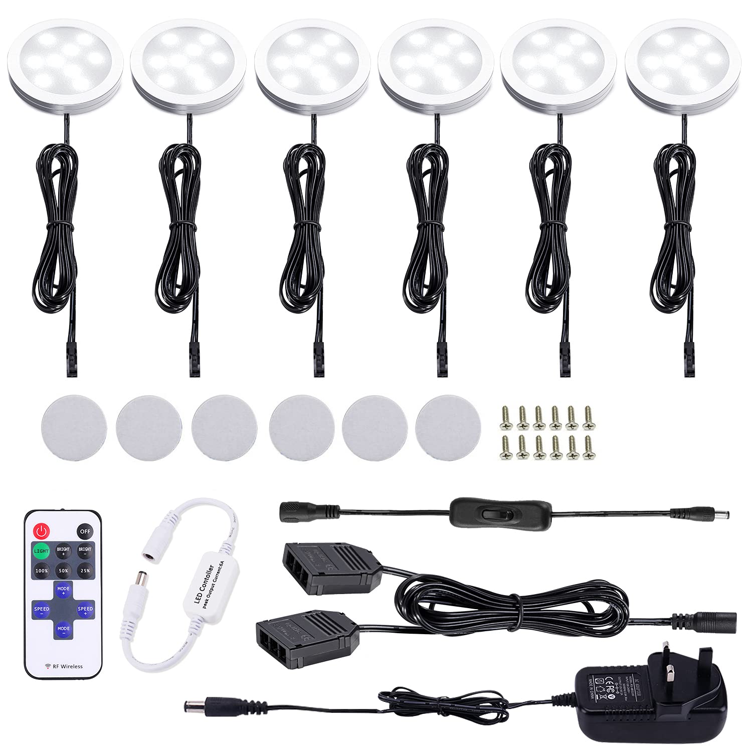 AIBOO Under Cabinet Kitchen Lights LED Wired 6 Pack with Remote,Dimmable Daylight White Puck Lights Mains Hardwired and Pulg in Under Cupboard Lighting for Closet,Counter,Cupboard,Shelf