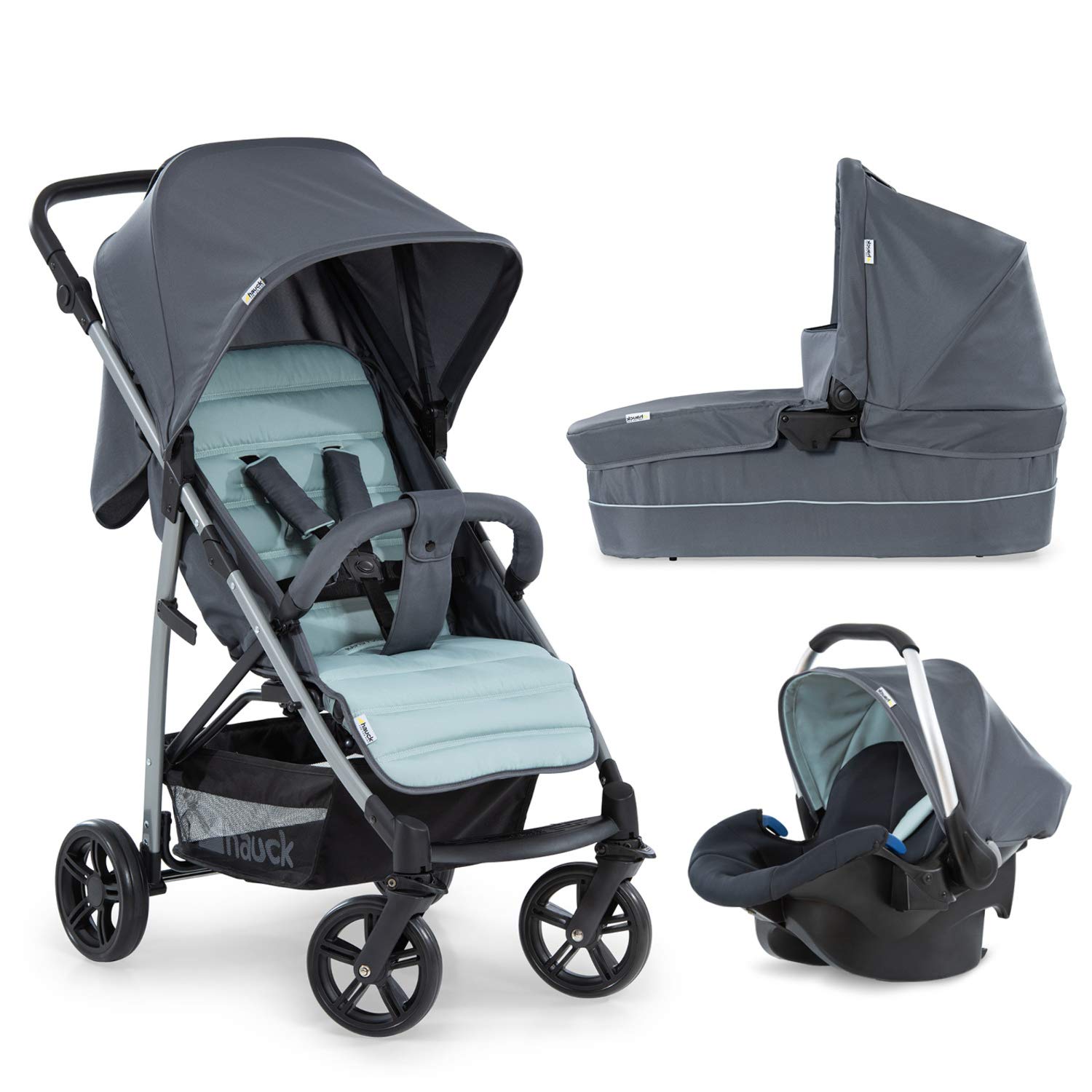 Hauck Rapid 4 Plus Trio Set 3 in 1 Kinderwagen Set bis 25 kg, isofix-fähige Babyschale, Babywanne mit Matratze ab Geburt, höhenverstellbarer Griff, klein faltbar, leicht, grey/mint