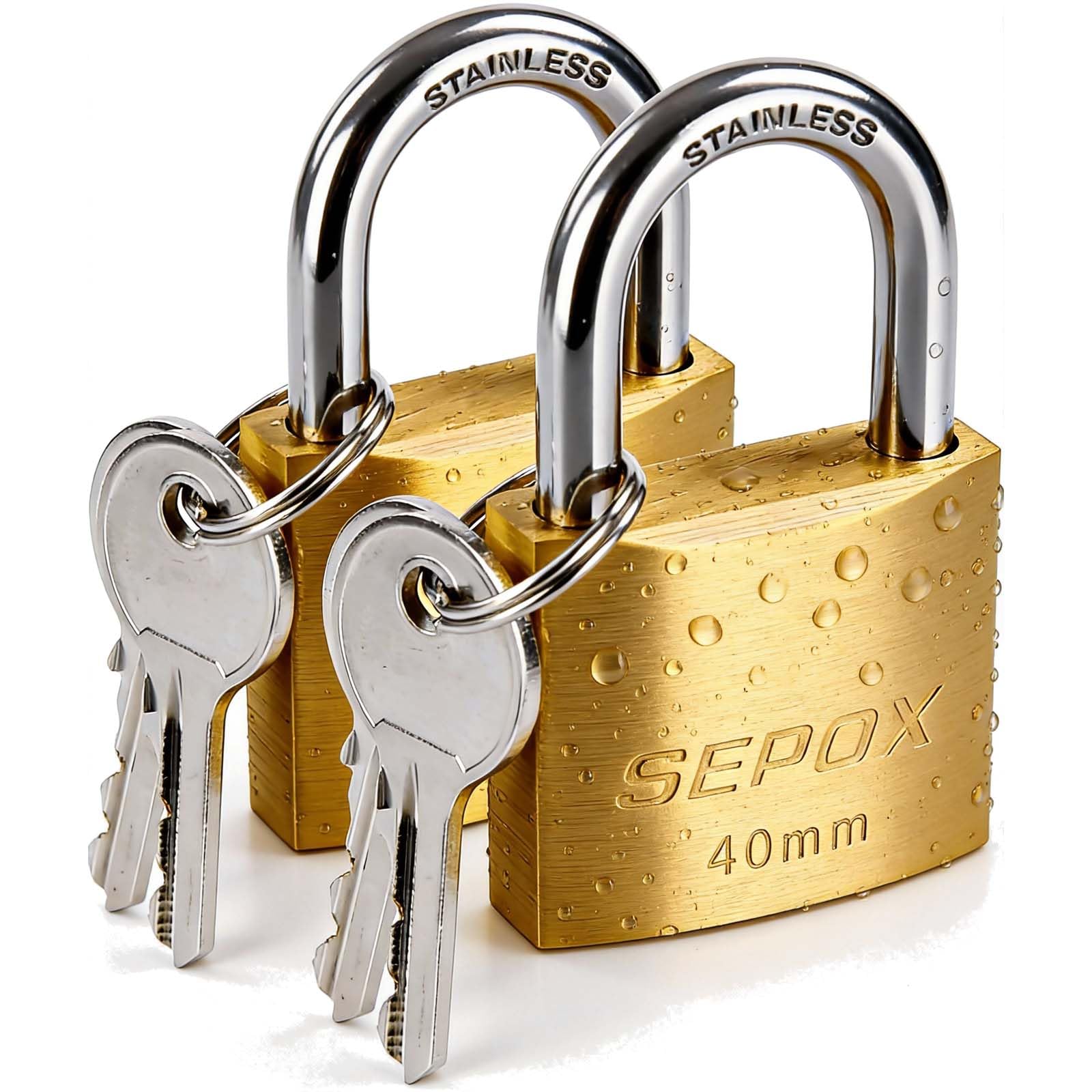 SEPOX® Marine Grade Outdoor Padlocks Keyed Alike, 40mm Heavy-Duty Solid Brass Lock Weather Proof, SUS304 Stainless Steel Long-Shackle, Rust Proof for Warehouse Garage Shed (2X Brass 40mm)