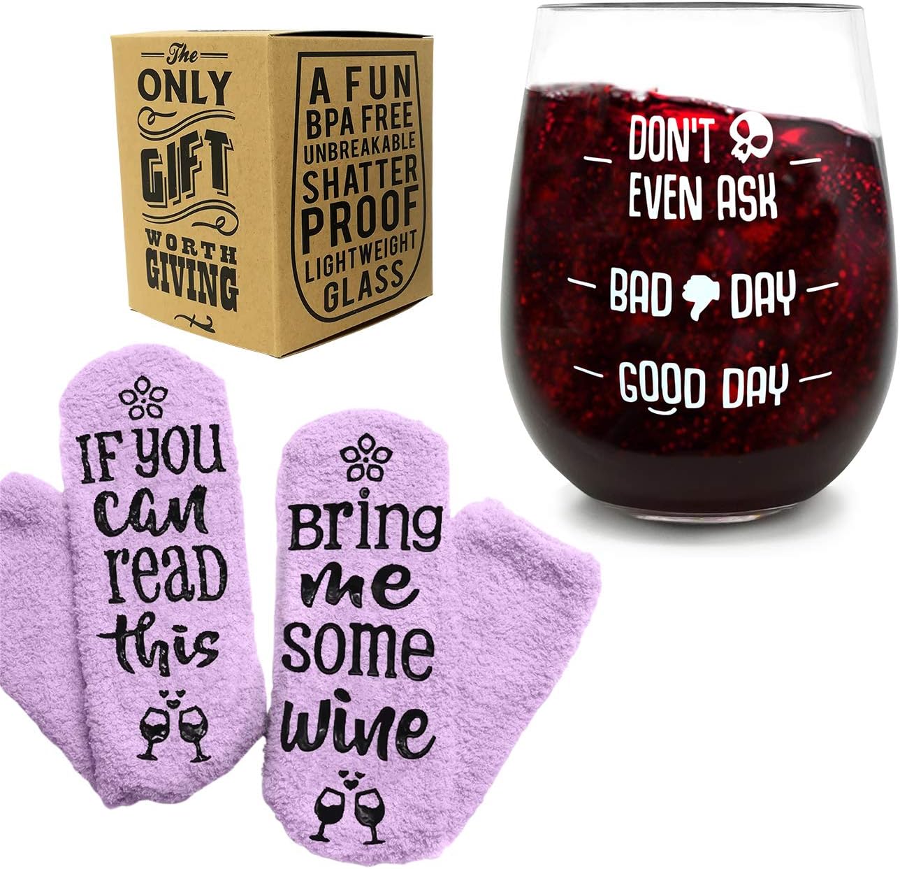Unbreakable Funny Wine Glass + Gift Box – Durable, 16 oz / 450mL, BPA Free – Perfect Wine Accessory Gift for Woman, Birthday Present, Gift for Mother, Sister, Gift Under 15 (Socks)