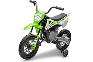 Hetoy 12V Electric Dirt Bike, Kids Electric Motorcycle with 25W*2 Motor, Twist Grip Throttle, Training Wheels, Spring Suspension, Ride On Toy Car for Kids Over 37 Months, Green
