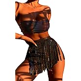 Rave Outfits for Women - EDC Festival Metallic Holographic Bodysuit Bandeau Top Sequin Tassels Skirt 3 Pcs Bikini