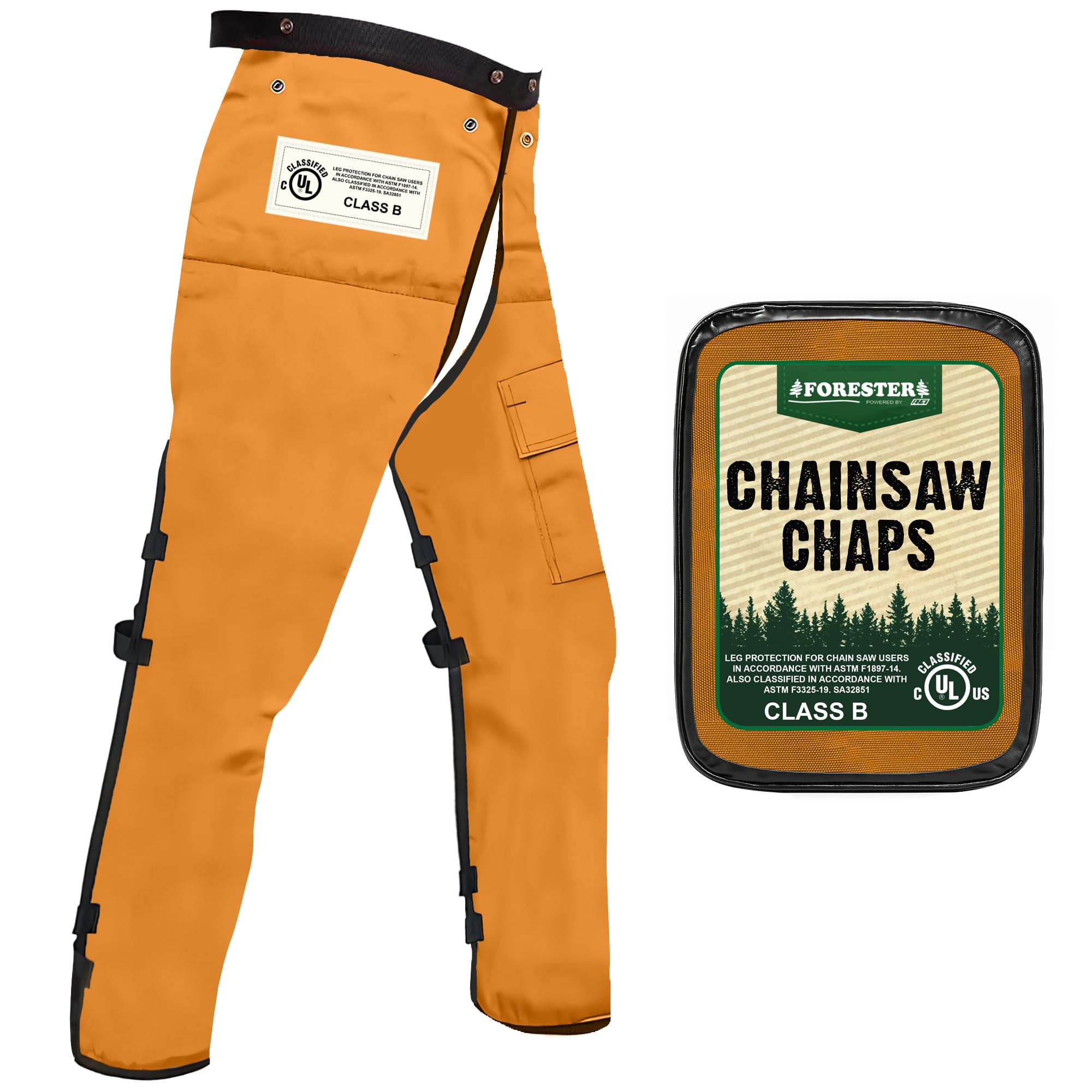 Chaparreras de motosierra FORESTER para hombres y mujeres | Chaparreras de motosierra para hombre estilo delantal con bolsillo y cintura ajustable | Equipo de seguridad para motosierras | Naranja 37