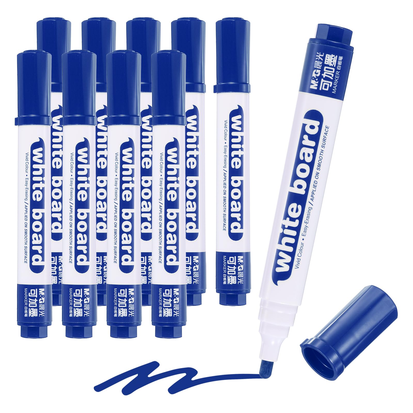M&G Dry Erase Markers, 10 Pack Refillable White Board Markers Low Odor Whiteboard Marker Medium Tip Marking Pens for Classroom Office Meeting Home, Blue